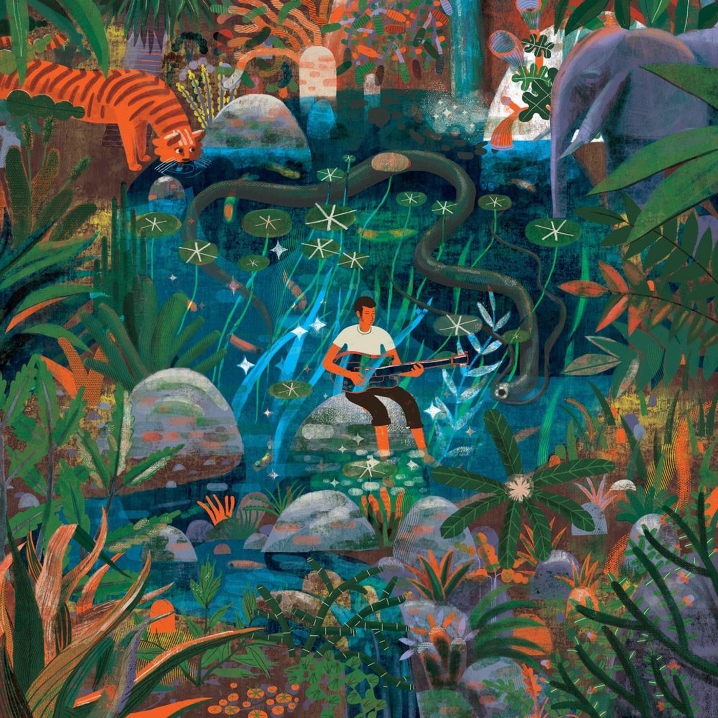 Yoav Shlomov — jazz guitarist illustration in a magical jungle